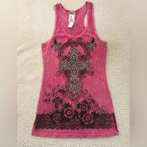 Vocal Women's Pink Tank Top with Cross & Rhinestones